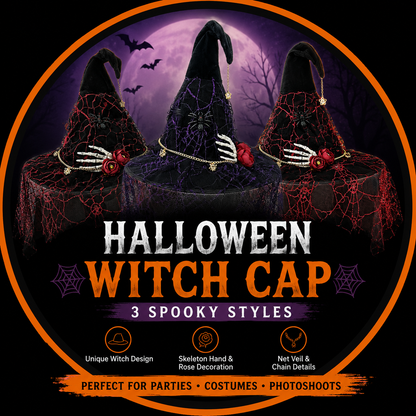Halloween Witch Hat with Spider Web Veil, Skeleton Hand & Rose – Gothic Witch Costume Hat for Halloween Parties & Cosplay