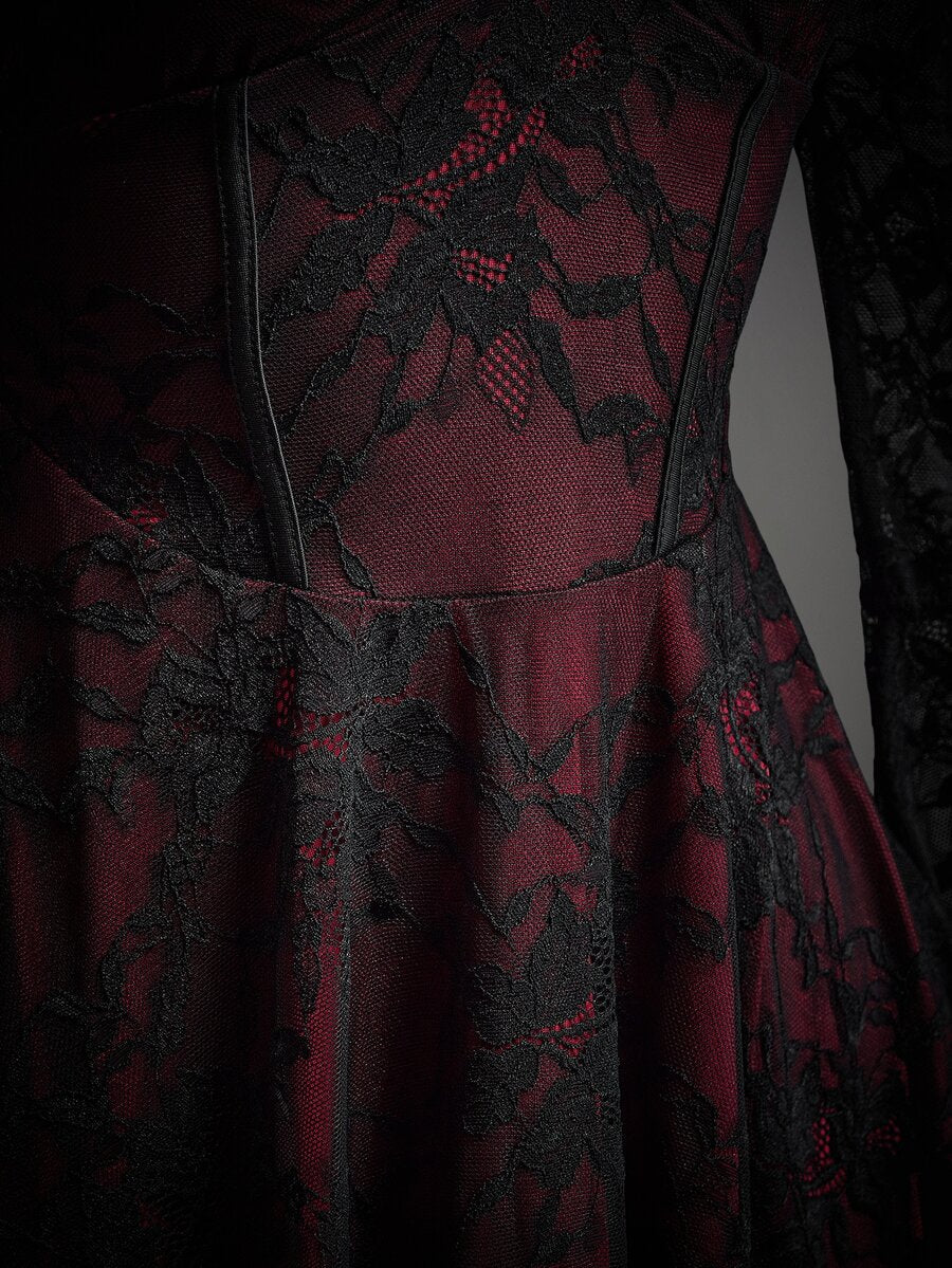 Women's floral lace flounce sleeve ruched bust Halloween dress red and black - view 9