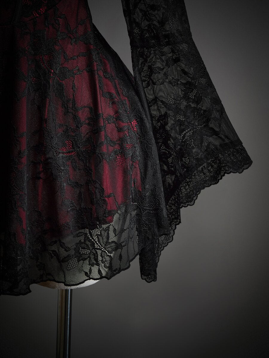 Women's floral lace flounce sleeve ruched bust Halloween dress red and black - view 5