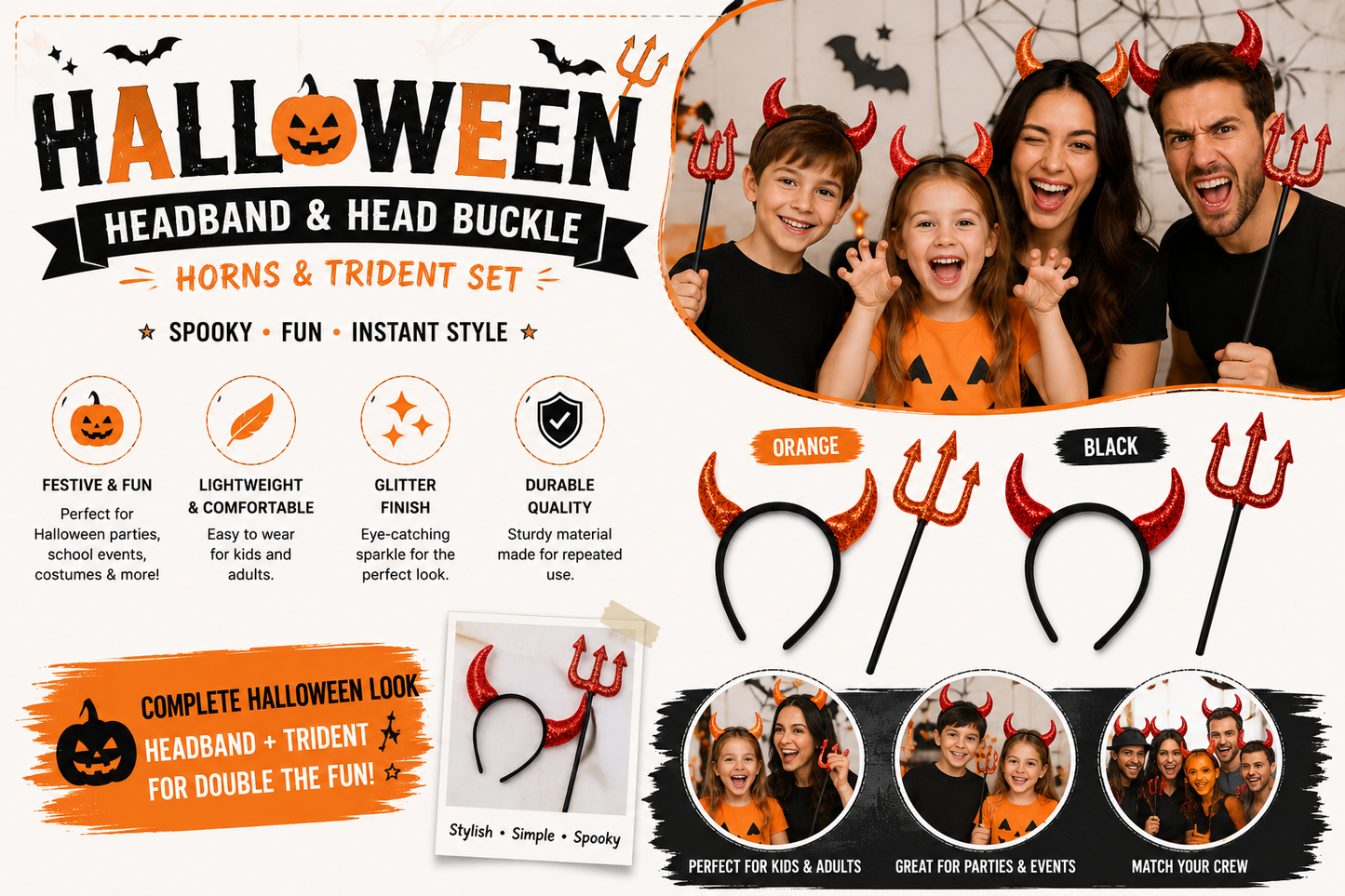 Halloween Devil Horn Headband & Trident Set – Spooky Costume Accessories for Kids & Adults
