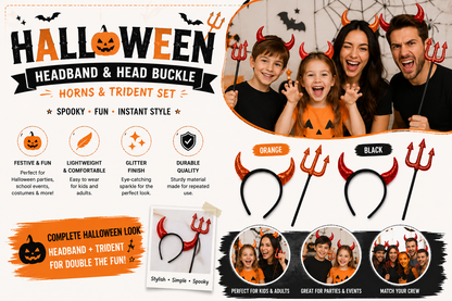 Halloween Devil Horn Headband & Trident Set – Spooky Costume Accessories for Kids & Adults