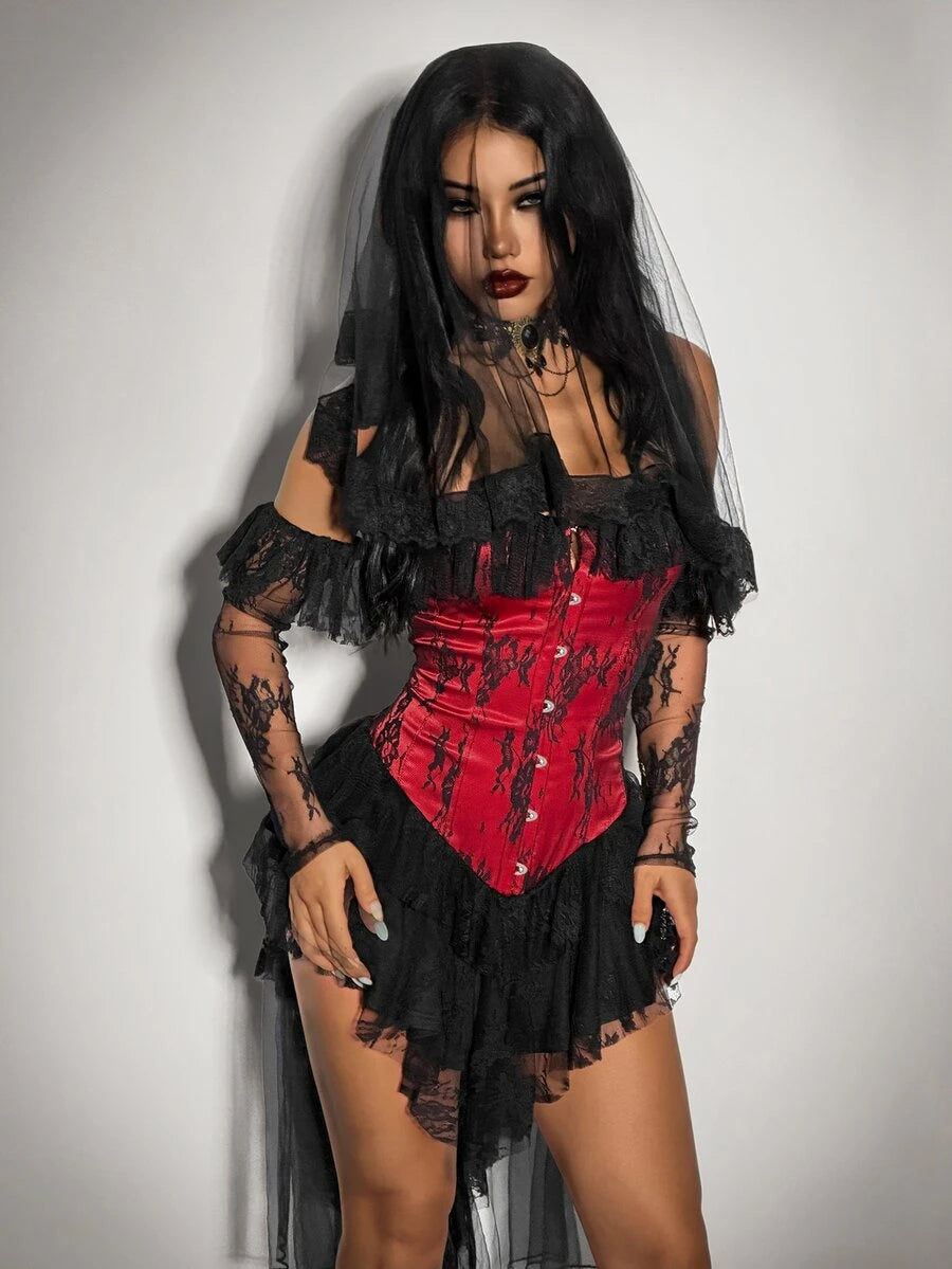 SHEIN ICON Women's Halloween Gothic Corset Vampire Lace Sexy Lace Ruffle Red Bla - image 13