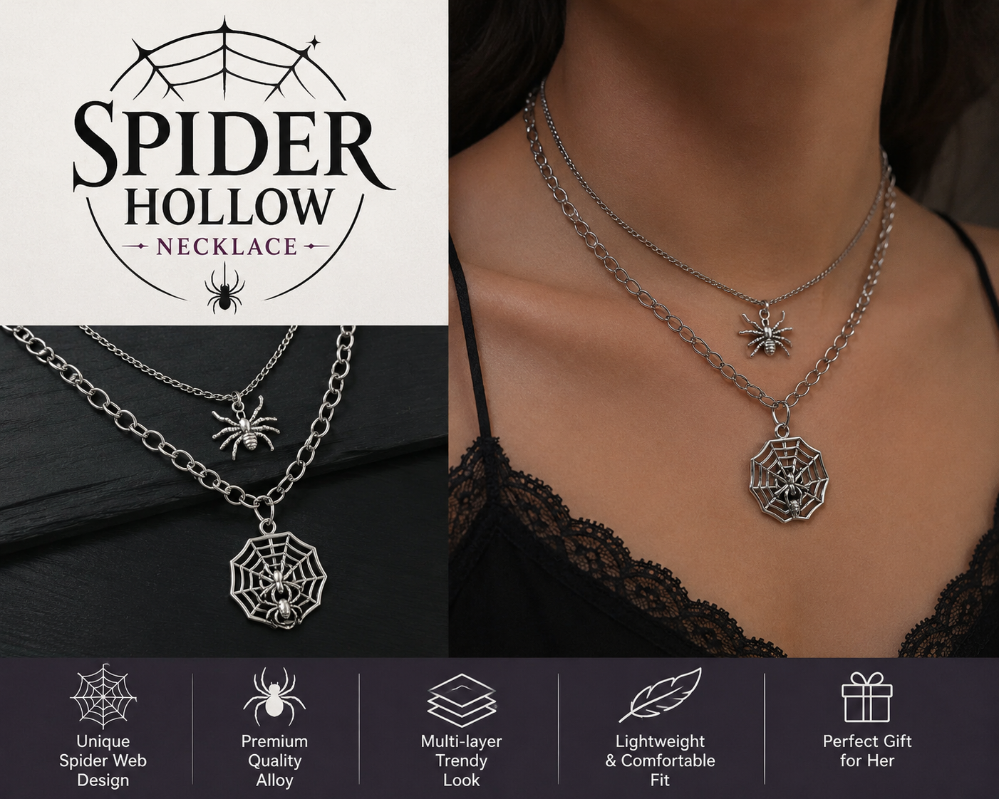 Halloween Spider Necklace – Multi-Layer Web Pendant Gothic Statement Jewelry