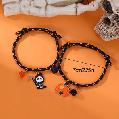 Halloween Pumpkin Ghost Magnetic Couple Bracelets – Black & Orange Rope Bracelet Set