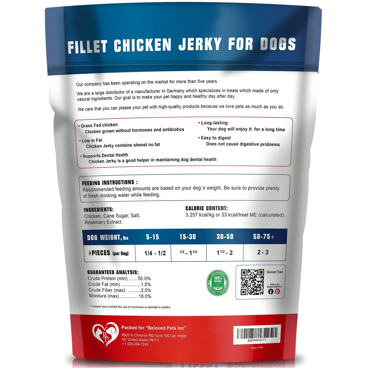 Beloved Pets Chicken Jerky Dog Treats 1.5 Lb - Human Grade Pet Snacks & Grain Free Meat - High Protein Dried Strips - Best Chews For Training Small & Large Dogs - Bulk Soft Pack - Lab Tested In The USA