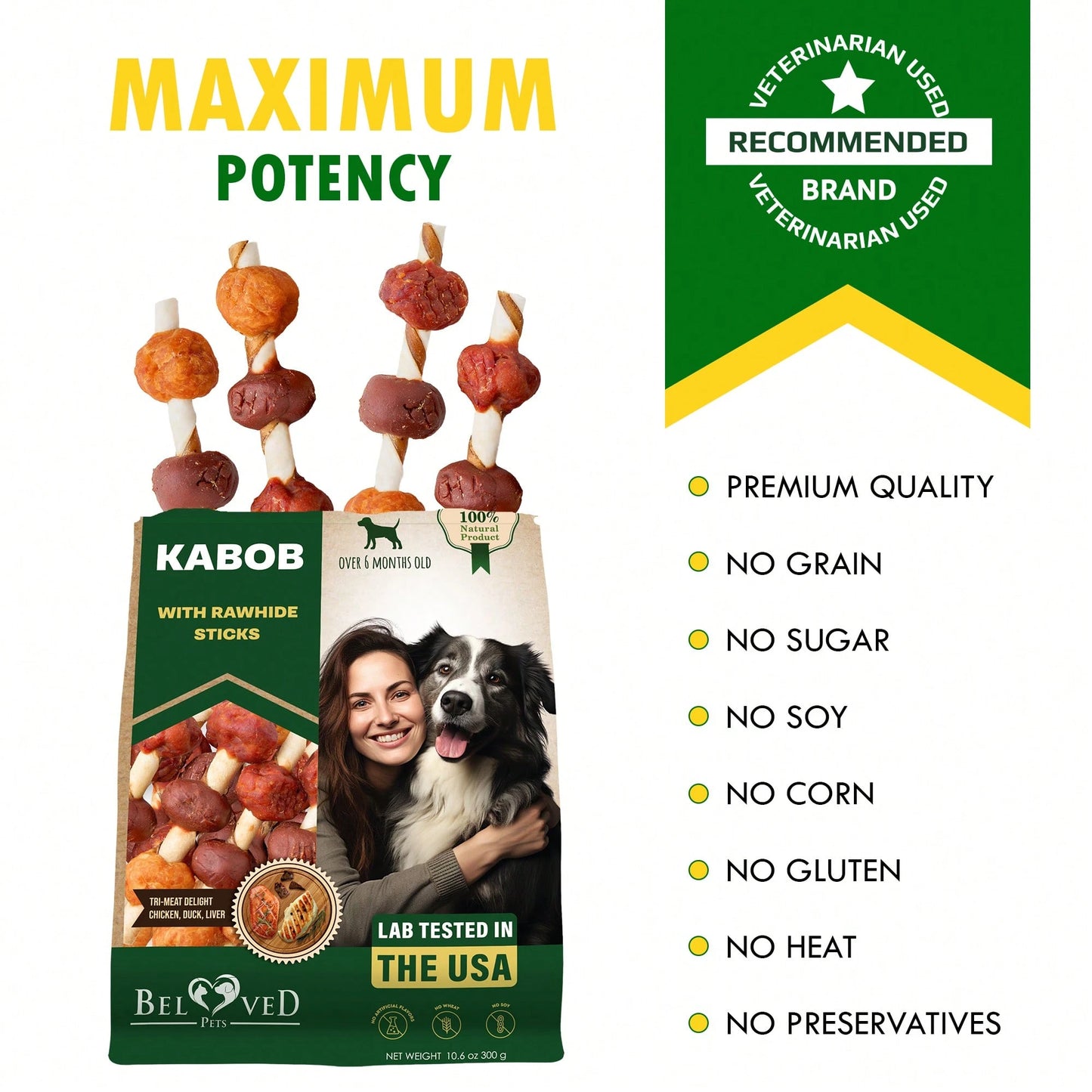 Beloved Pets Kabobs Dog Rawhide Treats With Duck & Chicken Human Grade Meat - Natural Dried Snacks - Grain Free Long Lasting Chews For Large & Small Dogs - Best Sticks For Training & Healthy Teeth - Lab Tested In The USA
