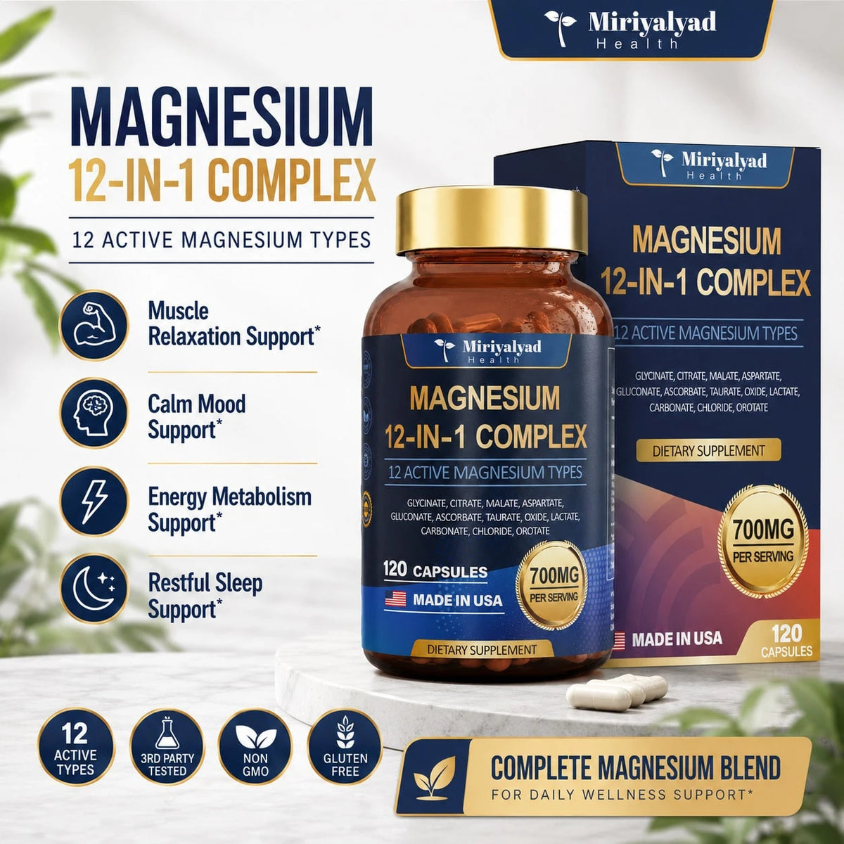 12-In-1 Magnesium Complex 700mg Supplement Capsules - Relaxation Muscle, Heart Health, Stress Relief, Vegan, 120 Counts, Dietary Supplement