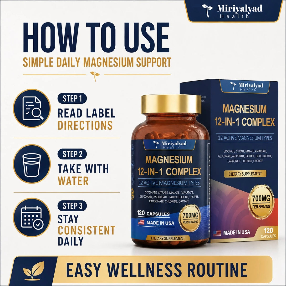 12-In-1 Magnesium Complex 700mg Supplement Capsules - Relaxation Muscle, Heart Health, Stress Relief, Vegan, 120 Counts, Dietary Supplement