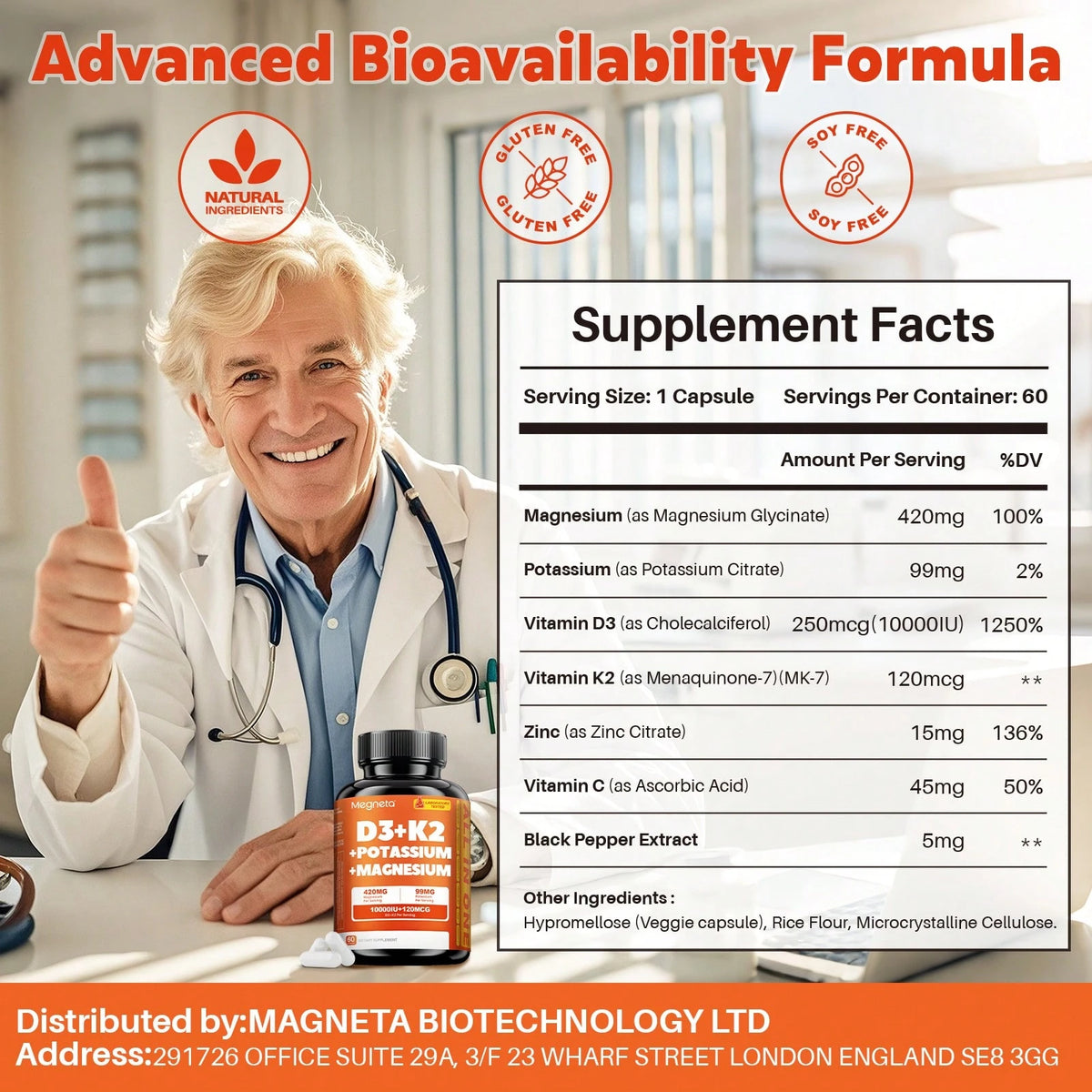 7-in-1 Vitamin D3 + K2 Supplement – Magnesium, Zinc & Vitamin C Vegan Capsules