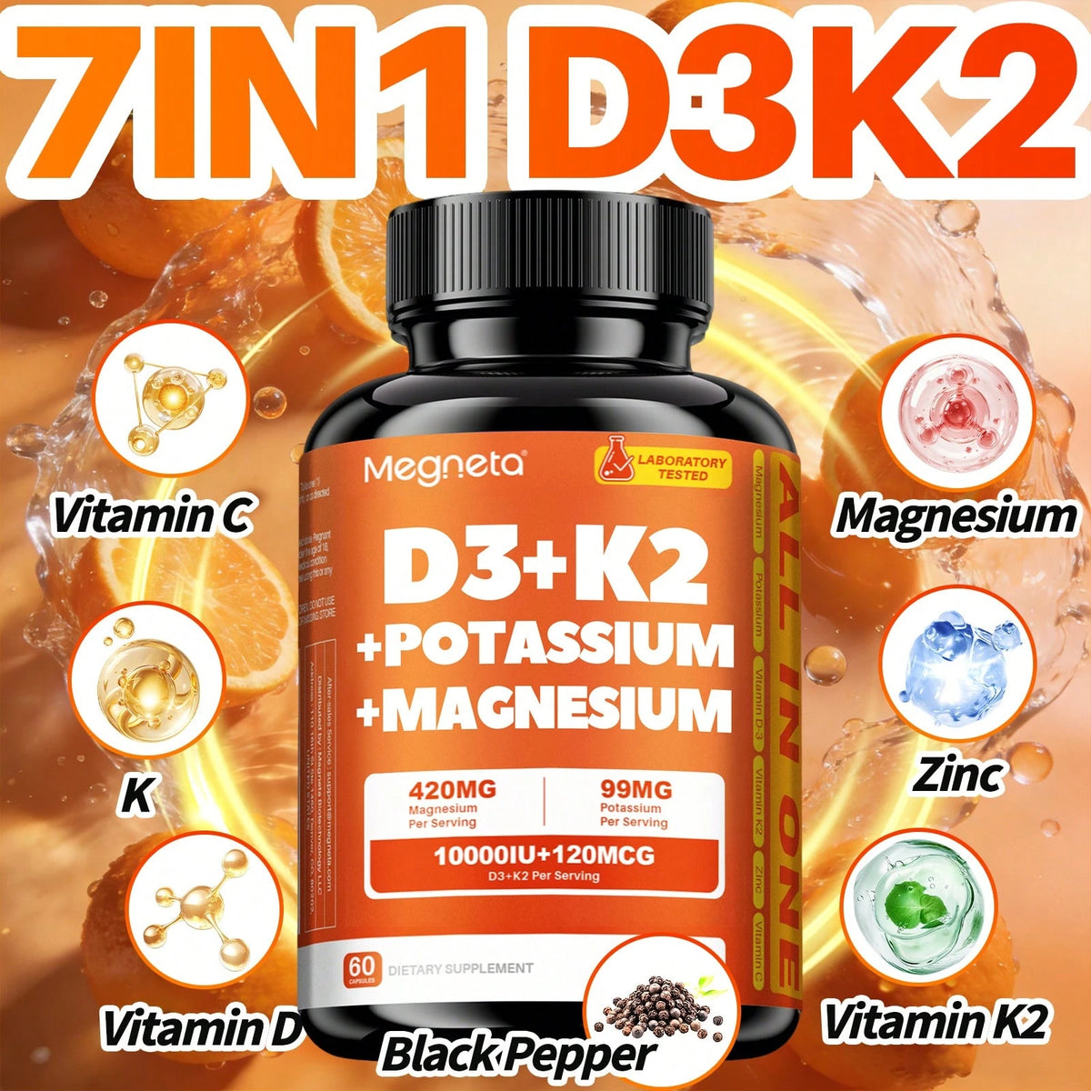 7-in-1 Vitamin D3 + K2 Supplement – Magnesium, Zinc & Vitamin C Vegan Capsules