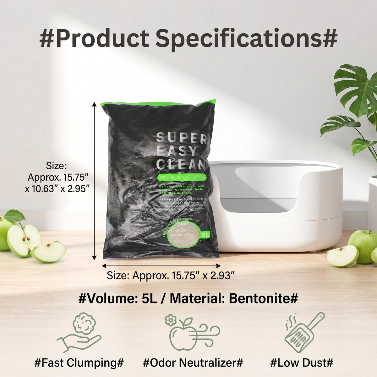 5L Apple Scented Bentonite Cat Litter – Fast Clumping, Odor Control & Low Dust Kitty Sand